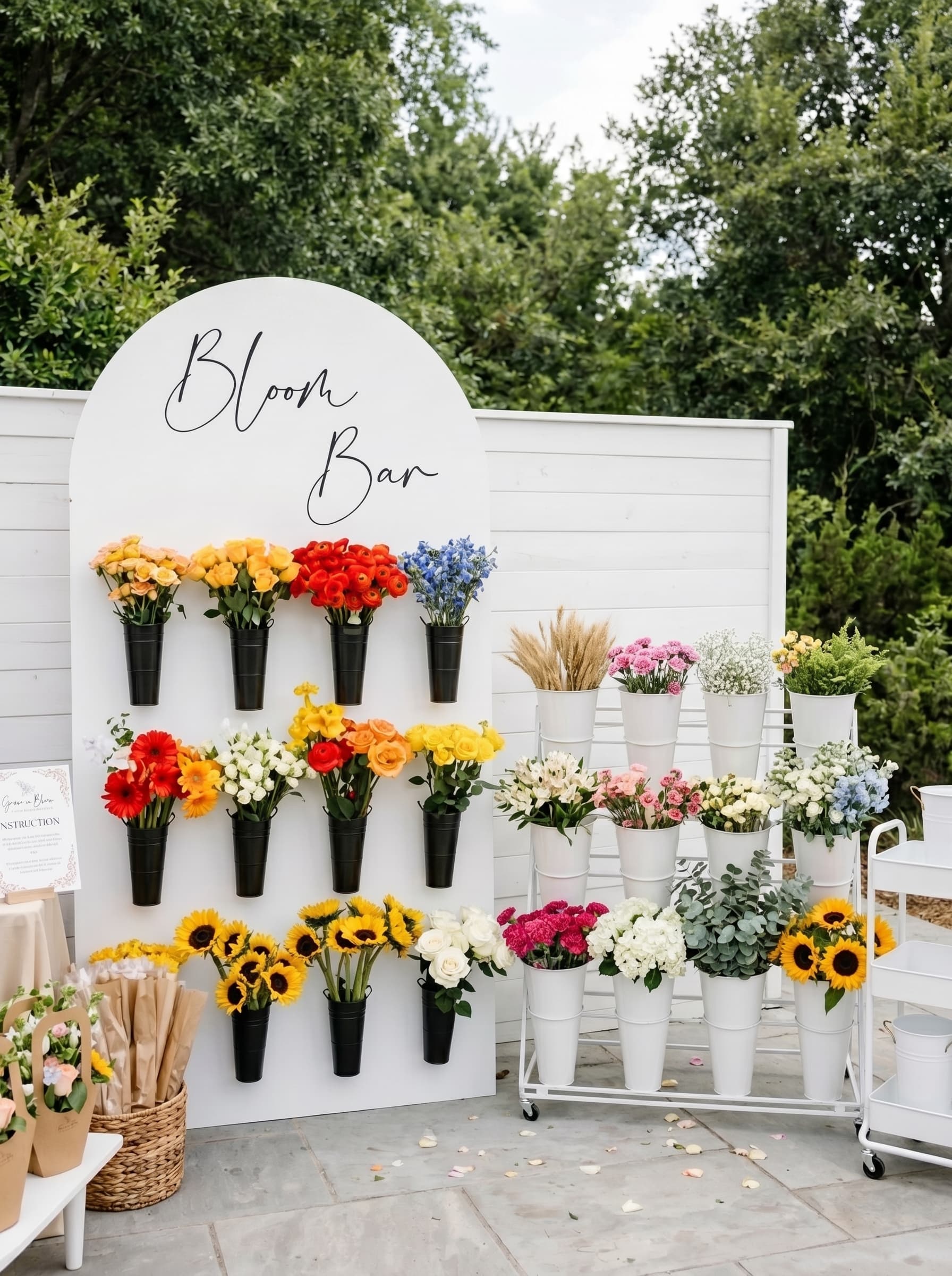 Bloom Bar flower cart station with colorful bouquets for a party