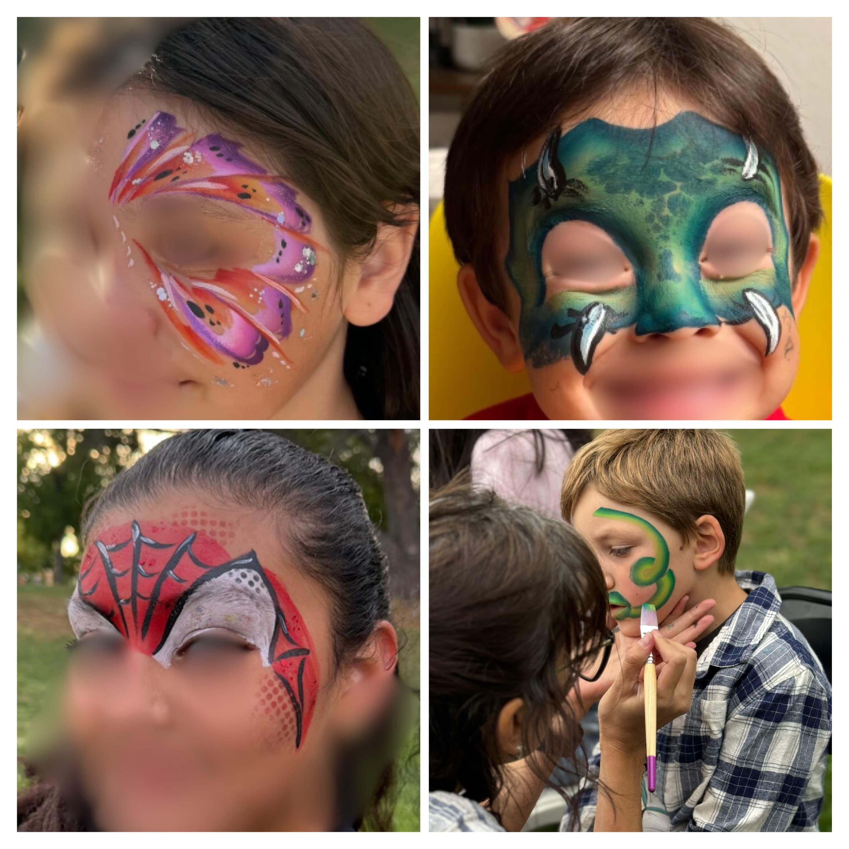 Collage of four face painting designs: butterfly, dragon mask, Spider-Man, and artist at work