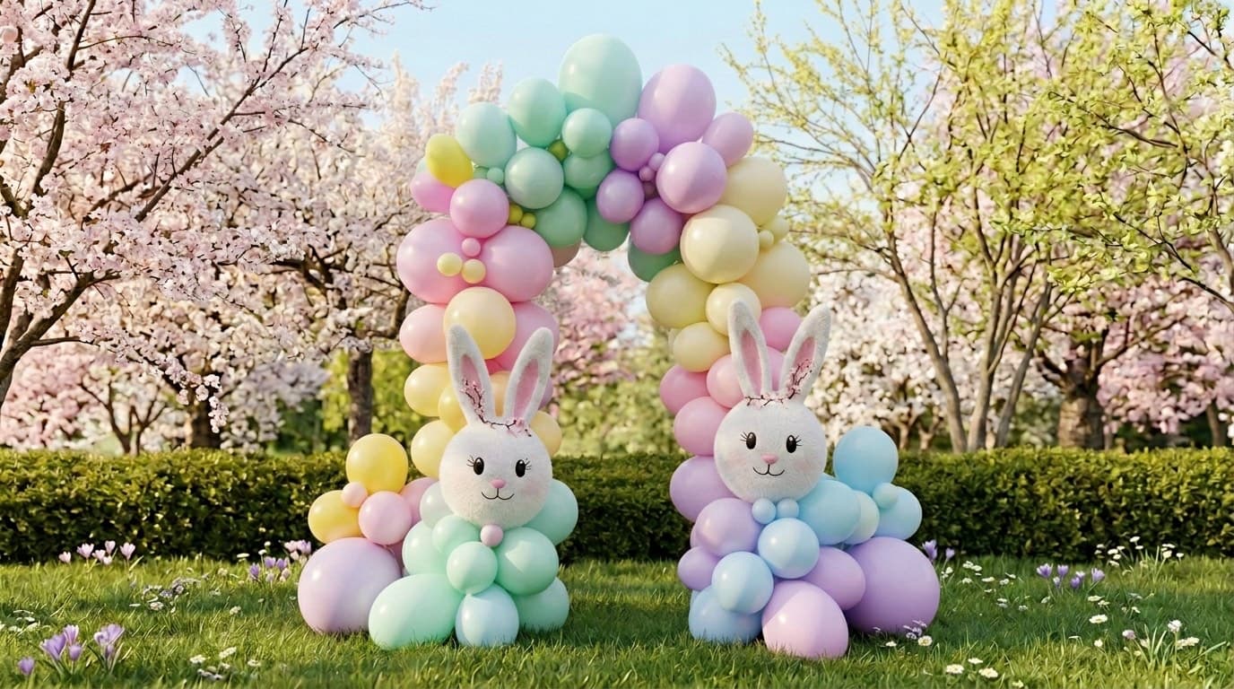 Pastel balloon arch with bunny balloon sculptures in a spring garden
